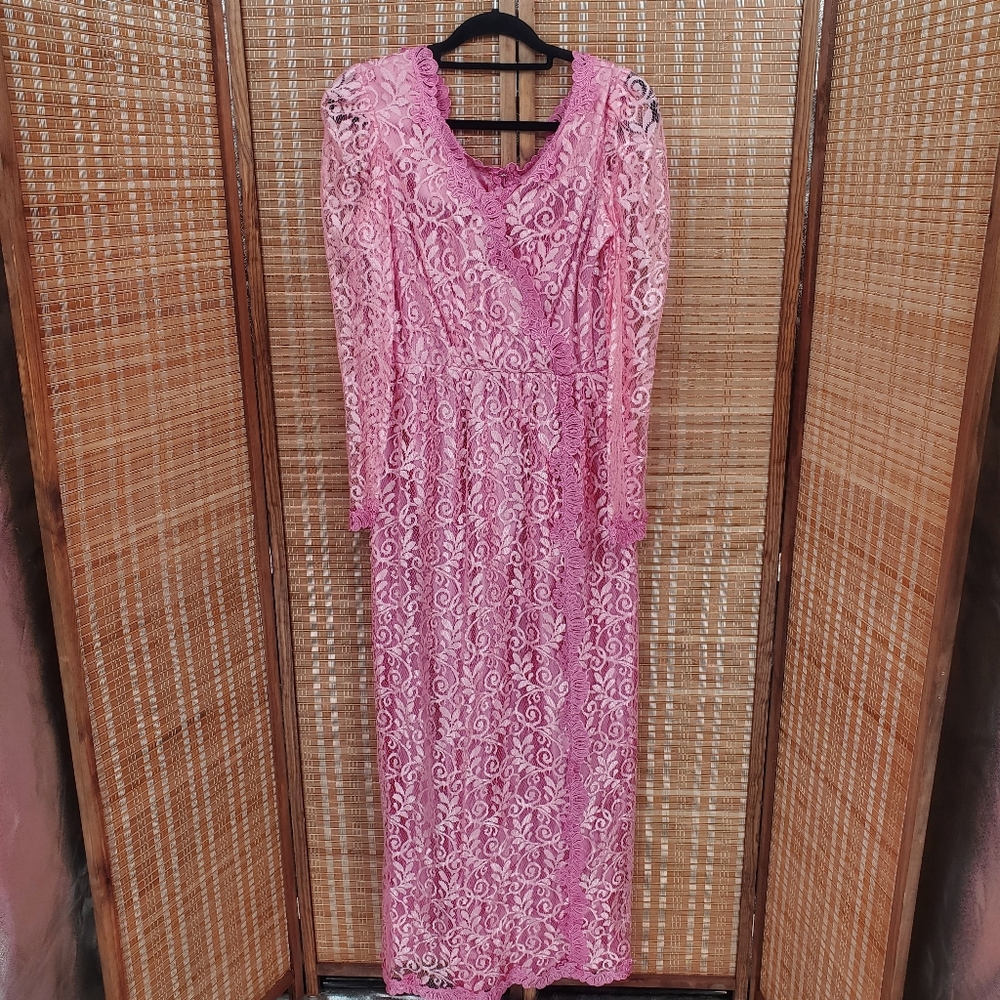 ♧ Vintage 70's JC Penney Pink Shimmery Lace Long Sleeve Formal Gown Size 14
